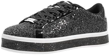 LUCKY STEP Damen-Plateau-Glitzer-Sneaker | Funkelnde Bling Shiny Dressy Bedazzled Hochzeits-Walking Schuhe (Schwarz, 9US-40EU-7UK)