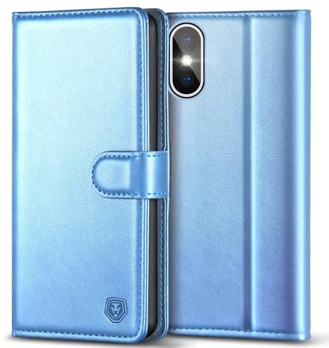 Kuafcase Compatible for iPhone X/XS Case with 4 Card Slots Magnetic Closure Kickstand Shockproof Protective Phone Case Compatible for iPhone X/XS - Sky Blue