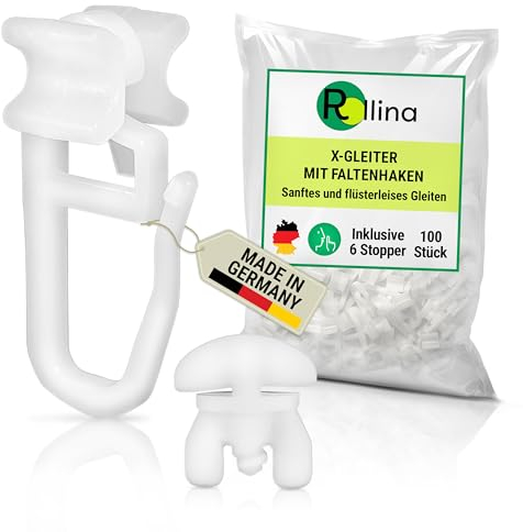 Rollina X-Gleiter (100 Stück) inkl. 6 Feststeller - Gardinenhaken für Schienen mit 6mm Innenlauf-Breite - Vorhanghaken - Gardinengleiter 10mm