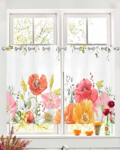 Durchsichtige Vorhänge mit Frühlingsblumen, 99 cm lang, 2 Paneele, Frühlings-Wildblumen, grüne Blätter, durchscheinende Chiffon-Vorhänge, durchscheinende Hintergrundvorhänge für Wohnzimmer,