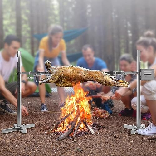 Miuxe Barbacoa Eléctrica Spit Grill Asador Automático Barbacoa Operado Asador De Acero Inoxidable Barbacoa Parrilla W/Motor Eléctrico para Cocinar Aire Libre, Portátil Pollo Cerdo Carne Cerdo Asador