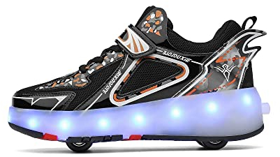 Jungen Mädchen Rollschuhe Schuhe Mit 4 Rollen Skateboardschuhe, Verstellbar Jugend Schuhe mit Rollen und LED Licht, Multifunktionale Sportschuhe Outdoorschuhe für Kinder Erwachsene…-Schwarz||43