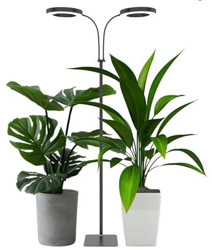 Lámpara de cultivo con soporte, 2 cabezales luces para plantas de interior, espectro completo, con timers automático 3/9/12H, altura ajustable 58-170 cm, 3 modos, uso en plantas pequeñas y altas
