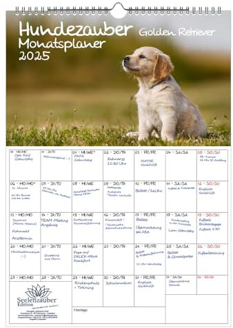 Hundezauber Golden Retriever Planer DIN A3 Kalender für 2025 Hunde Welpen - Geschenkset: 1x Kalender, 1x Weihnachtskarte (insgesamt 2 Teile)