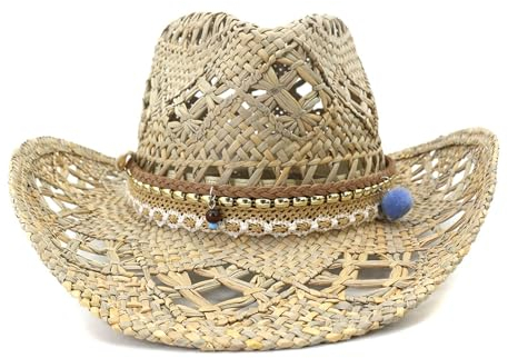 Genérico Sombrero de Cowboy de Paja para Mujer Hombre, Western Cowgirl Hat Panamá con Banda Occidental Gorros de Vaquero Oeste Sombrero de Playa de Verano al Estilo Country