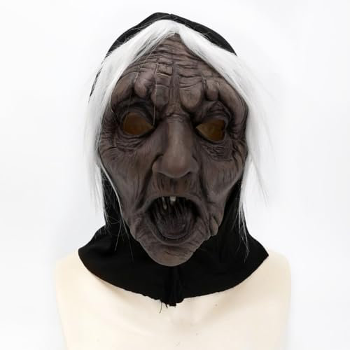 TIANHOO Halloween Maske Gruselige Hexenmaske Alte Hexenmaske mit Haaren Volles Gesicht Latex Maske Schwarze Gesicht Hexe Maske mit Kopftuch für Halloween Karneval Party Kostüm Cosplay Dekorationen