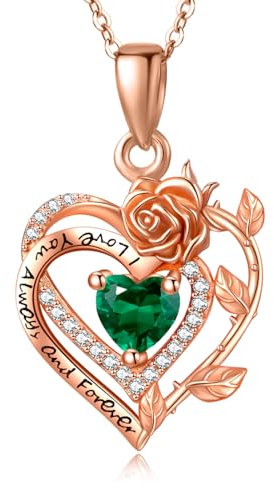 May Birthstone Jewellery Emerald Necklace Sterling Silver Rose Necklace Rose Gold Flower Heart Pendant Necklace Fine Jewellery Gifts for Women