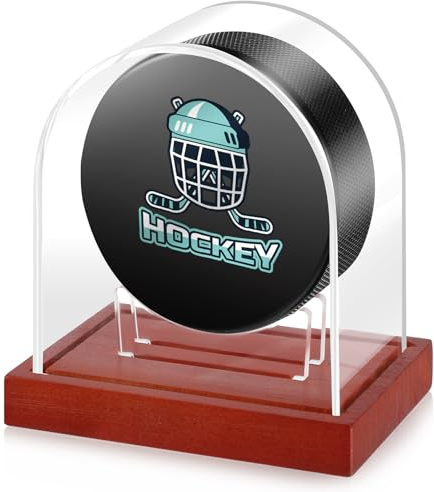 Wonderjune Transparente Hockey-Puck-Vitrine, Acryl-Hockey-Puck-Halter mit Holzsockel, Hockey-Puck-Ständer für signierte Sammlerstücke, Souvenir