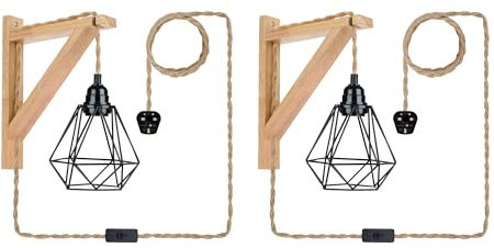 Vintage Wall Light, 2 Pack Wooden Wall Light Sconce Indoor Light with Plug-in and Long Hemp Rope Cable Wall Light Fixtures E27 Bulb Base Wall Light for Living Room (2 Pack Wooden Wall Lamp)