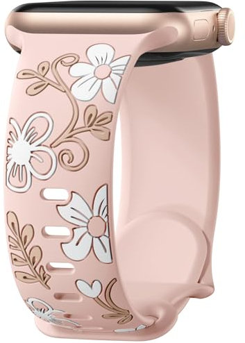 Mastten Correa floral compatible con correas de Apple Watch de 46 mm, 45 mm, 44 mm, 42 mm, 49 mm, correa deportiva de silicona con incrustaciones grabadas de flores para iWatch SE Series 10, 9, 8, 7