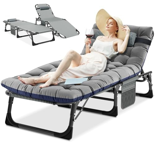 Ryuhic Klappbar Sonnenliege mit Matratze, Große Gartenliege Klappbett Gästebett Mit Seitentasche und Kopfstütze, Faltbar Campingliege Bed für Outdoor Indoor Garten Camping Reisen