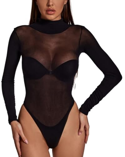 Bommi Fairy Damen Mesh Bodysuit Langarm Top Sheer T Shirt Body Suit Leotard Bluse One Piece Sexy Bodycon Lingerie High Collar Uniform Bodys (Schwarz, Einheitsgröße)