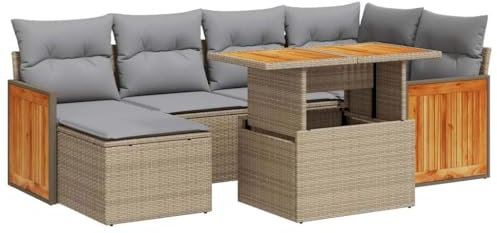 vidaXL 7-TLG. Garten-Sofagarnitur mit Kissen Beige Poly Rattan Akazie, Outdoor Sofagarnitur, Gartensofa Set, Lounge Set, Sofagarnitur Terrasse