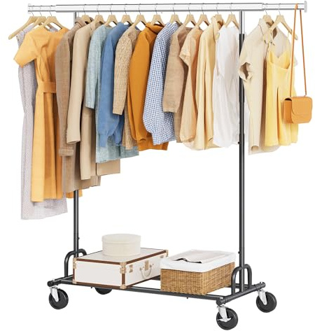 Tajsoon Portant à vêtements pour charges lourdes, jusqu'à 159 kg, sur roulettes, avec barre extensible, pliable avec étagère au sol pour une utilisation commerciale, noir
