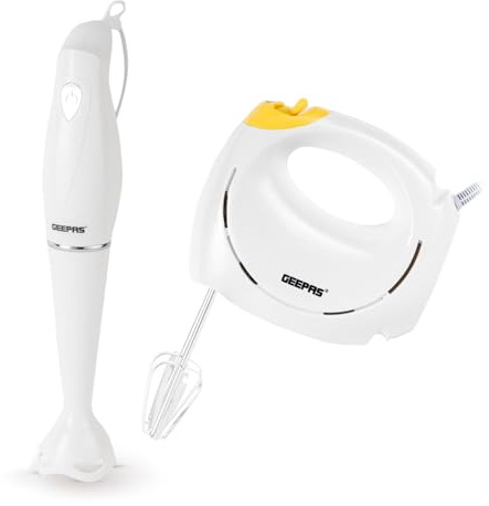 GEEPAS Hand Mixer & Hand Blender Set Handheld Food Collection Cake Mixer | Electric Whisk Mixer, 7 Speed Turbo, Eject Button, Beater & Dough Hook, 180w Hand Blender, Detachable Stick, Easy Cleaning