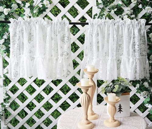 Dsnyu Scheibengardinen Weiß Spitze, Bistrogardinen 2er Set Modern Blumen Häkeloptik Fenster Gardinen Kurz Vorhang Küche Modern Polyester Landhausstil für Cafe Schrank 2 Stück HxB 45x90cm