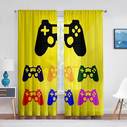 BSYYZQC Gamepad Vorhang Verdunkelung, Ösenvorhang Gelb Verdunklungsvorhänge Geräuschreduzierend, Polyester Anti-Fade Gardinen für Schlafzimmer 2er Set 260x140cm (HxB)