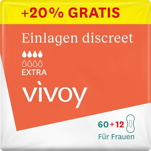 Vivoy Discreet Extra - 72 Einlagen im Monatspaket (6 x 12 Stück) - bei mittlerer Blasenschwäche und Inkontinenz - Hygieneeinlagen für Frauen einzeln verpackt