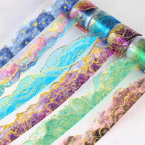 Farbverlauf Aquarell Smudge PET Tape Star Sky Washi Tape Dekorativ Collage Washitape Scrapbook Zubehör Goldfolie Watercolor Blending Deco Tape Stern Himmel PET Sticker Washi Sticker Journaling Zubehör