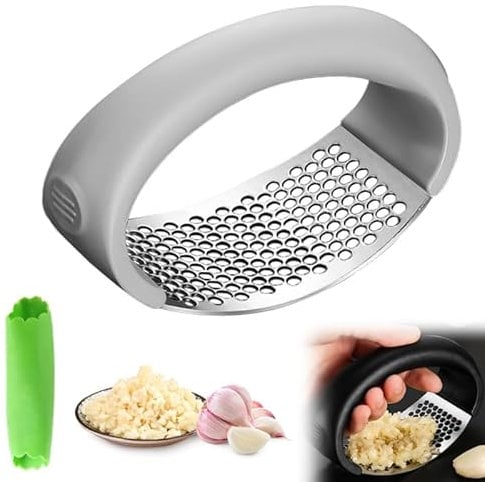 Garlic Press Rocker, Stainless Steel Garlic Mincer and Garlic Crusher, Easy-Squeeze Garlic Tool with Peeler and Cleaning Brush for Smashing Garlic (Grey)
