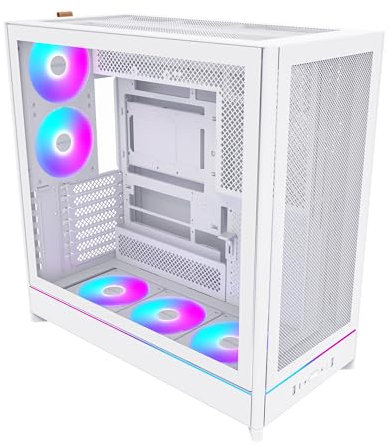 MONTECH HS01 PRO, ATX Mid-Tower PC Case, Gaming PC, High-Airflow, Reversible Layout, Mesh Front Panel, 5X ARGB PWM Fan Pre-Installed, Sink-in Design, Toolless Panels, White