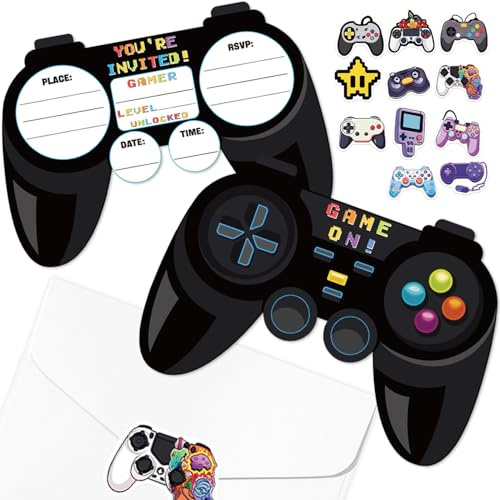 20Pcs Video Game Birthday Invitations Sets with Envelopes Black Gamer Party Favors for Boys Birthday Party Gaming Party Decorations, 17 x 12cm