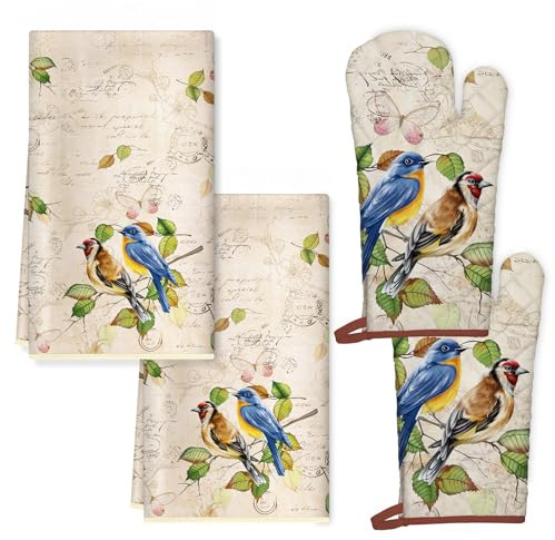 Arquiel Vögel Ofenhandschuh und Topflappen 4er-Set Baumwolle | Baumwoll-Küchenset mit Vögel-Motiv, hitzebeständig und praktisch zum Kochen, Backen und Grillen.