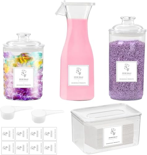 BigKing 4 PCS Waschpulver Aufbewahrungsbox, Waschmittel Aufbewahrung Wäschepods Behälter mit 2 Schaufeln PET Waschmittelbehälter mit 8 Etiketten Transparent Waschmittelbox für Weichspüler Waschmittel
