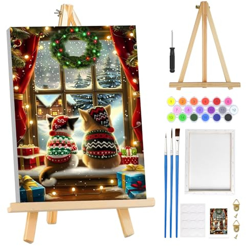 MOGTAA Noël Chat Peinture Numero Enfant Adulte avec Cadre, Hiver Paysage Peinture par Numero Adulte avec Chevalet, DIY Numéro d'Art Kits, Loisirs Créatifs Adultes, pour décoration, 20x30cm