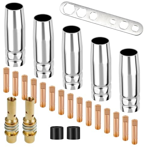 MISIQIMA 25 Stück Verschleißteile Set, Schutzgasschweißgerät Zubehör für AK-15/MB-15 Schweißgerät, Enthält Gasdüsen × 5, Stromdüse M6 0.8MM × 15, Düsenstiel × 2, Isolator × 2, Schraubenschlüssel × 1