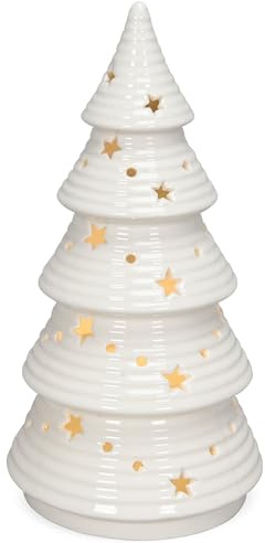 matches21 HOME & HOBBY LED Porzellan Weihnachtsbaum weiß, Winterdeko in 13,5 x 25,5 cm - Tannenbaum mit Sternen für Tischdeko