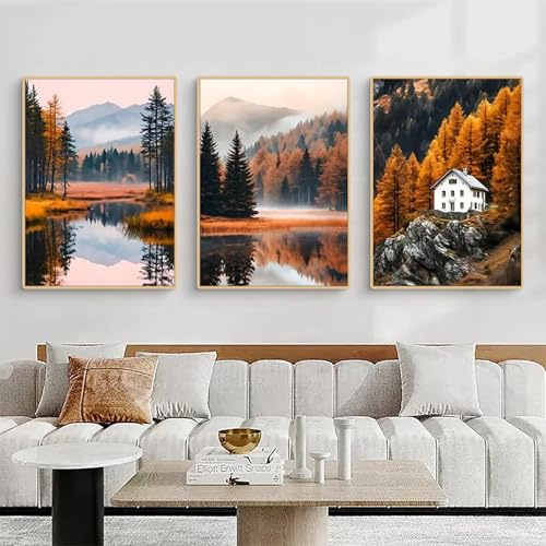 TROYSINC 3er Herbst Bilder Set Natur Poster Set, Aesthetic Herbst Hohe Berge, Seen, Wälder Wandbilder Wohnzimmer, ohne Rahmen, Thema Herbstlandschaften Wanddeko für Schlafzimmer (40x50cm)