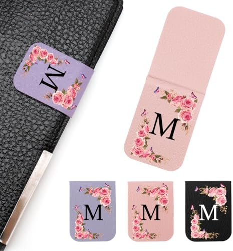 WALLFID 3er Set Personalisiertes Magnetisches Lesezeichen aus Leder, Stilvolle mit Buchstaben und Blumen Design, Magnet Lesezeichen für Frauen, Lehrer, Leser und Buchliebhaber (M)