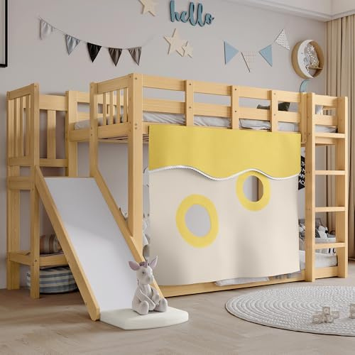 NuvlaGu Etagenbett 90x200 cm für Kinder – Holzbett mit Treppe, Rutsche, Bettvorhang & Fallschutz, Kinder-Hochbett aus MDF & Kiefer mit Zaun & Gitter – Platzsparendes Spielbett in Weiß (Natural)