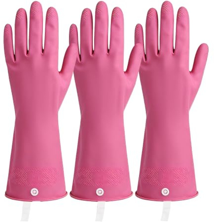 LikGuest Reusable Latex Household Gloves 3 Pairs Non Slip Rose-Pink M | Water resistant protection, textured grip, soft lining, ideal for dishwashing, kitchen and bathroom cleaning