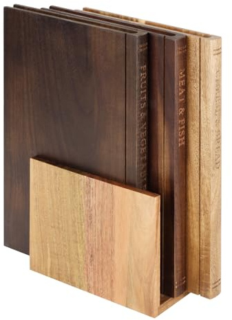 Skärbräda Set med 3 med stativ, köksbrädor i trä design | Bok, halkfri och fläckbeständig, skärbräda för ost, bröd och grönsaker, hållbar och praktisk