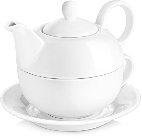 MALACASA, Serie Sweet.Time, Porzellan Teeservice Teeset 4 teilig Set Teekanne mit Tasse und Untersetzer Teekannen & Kaffekannen