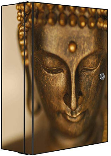 banjado® XXL Medizinschrank abschliessbar mit Motiv Buddha Gold 35x46x15cm - großer Arzneischrank/Medikamentenschrank aus Metall zur Medikamenten Aufbewahrung - Apothekerschrank mit 3 Schlüsseln