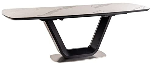 Casa Padrino Luxus Esstisch Weiß/Schwarz/Silber 160-220 x 90 x H. 76 cm - Ausziehbarer Küchentisch mit Tischplatte in Marmoroptik - Luxus Esszimmer Möbel