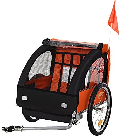 HOMCOM Rimorchio Bici Bambini con 2 Posti, 2 Cinture di Sicurezza, Telaio in Acciaio e Copertura in Tessuto Oxford Arancione