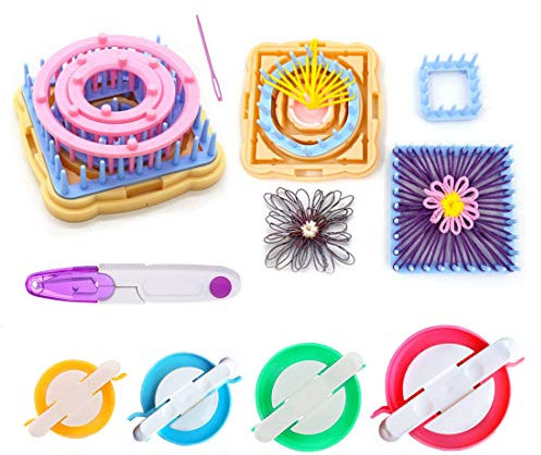 Flower Loom, 8pcs Frame Looms with 4 pom pom maker, Knitting Wool, Round/Square Knitting Looms Craft Kit Multi Color (B)
