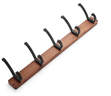 SARIHOSY 5 Haken Wandgarderobe mit Gold Zinklegierung Garderobenhaken Walnuss Holzsockel für Badezimmer Küche Garderobe, Handtuchhalter mit 5 Haken, Schwarz und Silber