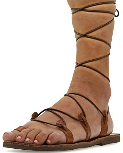 40 Hellbraun Emmanuela Kalbshohe sandalen aus Leder im antiken griechischen Stil, handgefertigte Gladiator Bindesandalen, hochwertige Riemchen sommerschuhe, Boho Chic Toe Ring Schnürsandalen