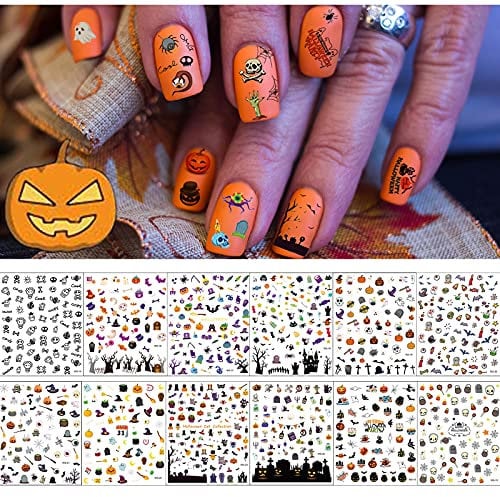 1500+ Patterns Halloween Nail Art Stickers Decals, EBANKU 3D Self-Adhesive Nail Sticker,Halloween Pumpkin Spider Bat Grave Manicure Sticker for Women Nail Art Decorations (12 Sheets)