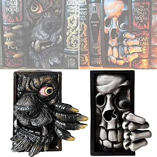 2 PCS Peeping On The Bookshelf Book Nook, Decor Horror Peeping Bookshelf Books Decor Monsters Human Face Resin Bookends for Desk Living Room Office (Skeleton)