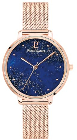 Pierre Lannier - Montres Femme Quartz - Collection Elara 028K968 - Boîtier Rond en Acier Doré-Rose - Bracelet Interchangeable Acier milanais Doré-Rose 14 mm - Étanche 30M - 3 Aiguilles