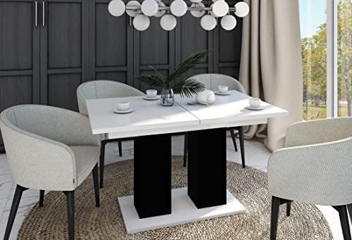 Design Esstisch DE-1 Weiß Hochglanz - Schwarz matt ausziehbar 130 cm bis 170 cm Ausziehtisch Esszimmertisch Küchentisch Tisch für bis zu 6 Personen Funktionstisch Konsolentisch Esszimmermöbel