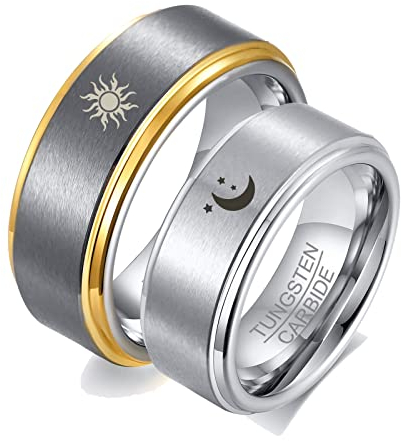ANAZOZ 2 Stück Eheringe Paarpreis Wolfram Sonne und Mond Eheringe Elegant Freundschaftsringe Silber Gold Trauringe Hammerschlag mit Kostenlos Gravur
