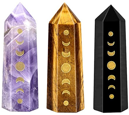 KYEYGWO Mondphasen Kristall Zauberstab Set, 3 Stück Positive Energie Stein Quarz Punkte Mondfinsternis Sechseckiger Prisma Stäbe Edelsteine Ornament Mond Deko, Braun/Violett/Schwarz