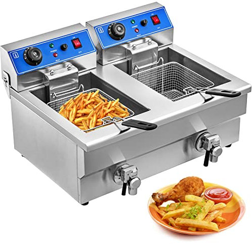 Freidora profesional eléctrica Frites 6000 W, 20 l, doble depósito + 2 grifos – Acero inoxidable, para usos comerciales, restaurantes, supermercados, fast-foods